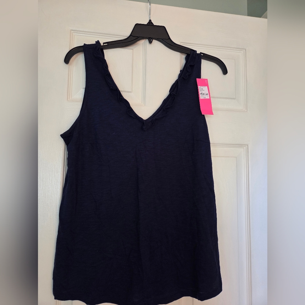 NWT Beautiful Lilly Pulitzer Gigi Ruffle Tank Top, Size Large. True Navy